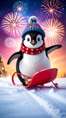 Cheerful penguin in snow with sled, winter hat, and fireworks in the background