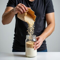 Action of Pouring Cereal, Breakfast Preparation, Kitchen, Photo, Indoor, Close-Up, Healthy Eating Lifestyle