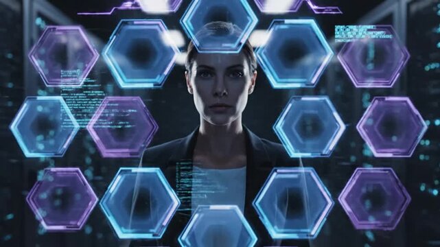 Woman surrounded by digital hexagons code overlays - Powered by Adobe