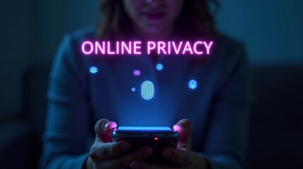 A woman engaged with her smartphone in a low-light setting, emphasizing the theme of online privacy with glowing graphic elements.