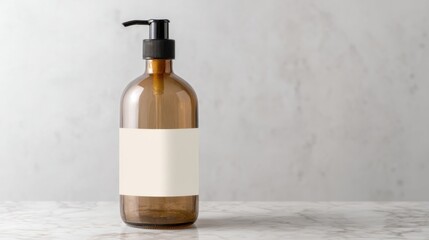 Naklejka premium A clear brown glass bottle with a black pump dispenser stands on a light grey marble surface,