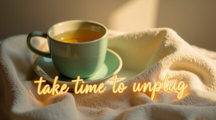 A soothing cup of tea resting on a soft blanket, inviting moments of relaxation and tranquility.