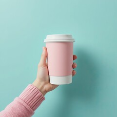 Hand Holding Pink Coffee Cup Against Mint Background - Lifestyle Beverage Photography