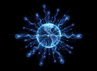 A luminous, digitized Earth surrounded by radiating energy strands. The globe shows continents against a black background