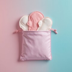 Personal Care Products in Pink Bag, Minimalist Setting, Soft Colors, Static Image, Aesthetic Viewpoint