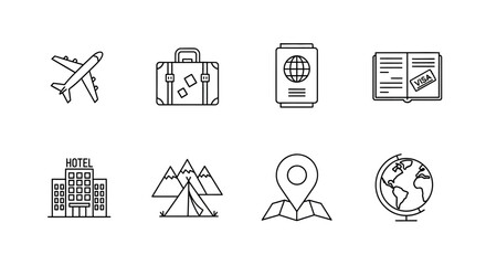 Set of travel icons minimalist line art vector design perfect for tourism apps and websites