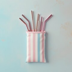 Colorful Reusable Straws in Chic Pouch, Eco-Friendly Lifestyle, Minimalist Home Decor, Creative Photography