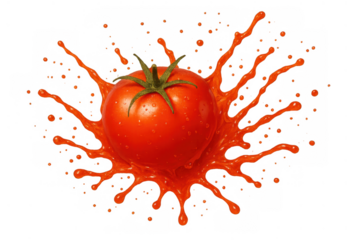 Fresh red tomato splashing into rich juice, creating dynamic motion and healthy vibrant liquid, transparent background