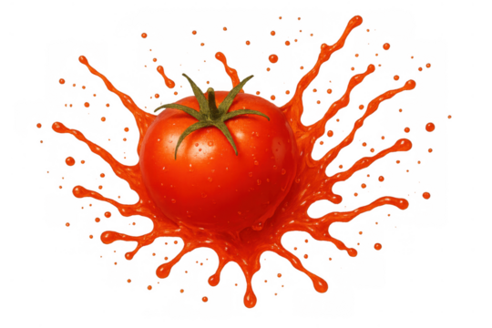 Fresh red tomato splashing into rich juice, creating dynamic motion and healthy vibrant liquid, transparent background