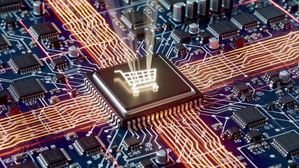 electronic circuit board with glowing shopping cart icon | technology, business, e-commerce, digital, innovation theme