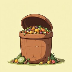 Waste Management, Cartoon Food Items, Urban Setting, Illustration, Playful Environment, Whimsical Viewpoint, Sustainability Concept