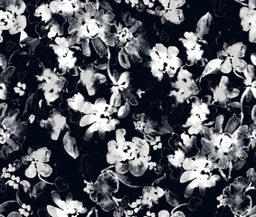 seamless black and white watercolour textured beautiful floral pattern