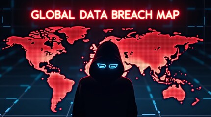 A mysterious figure in a dark hooded cloak with glowing blue eyes stands in front of a global data breach map, emphasizing cybersecurity threats.