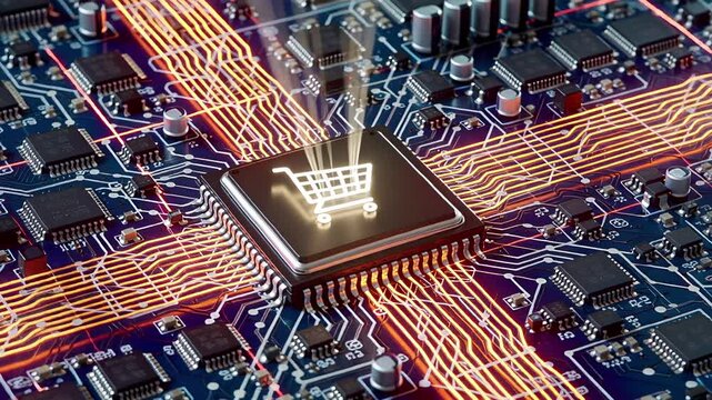 electronic circuit board with glowing shopping cart icon | technology, business, e-commerce, digital, innovation theme