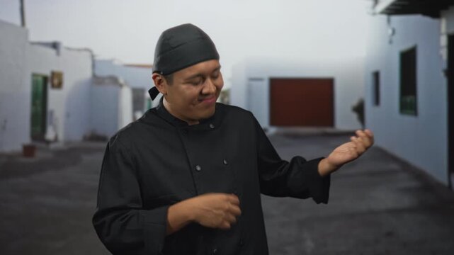 Hispanic man chef mimes air guitar with hands on a sunlit street between white buildings; playful celebration.