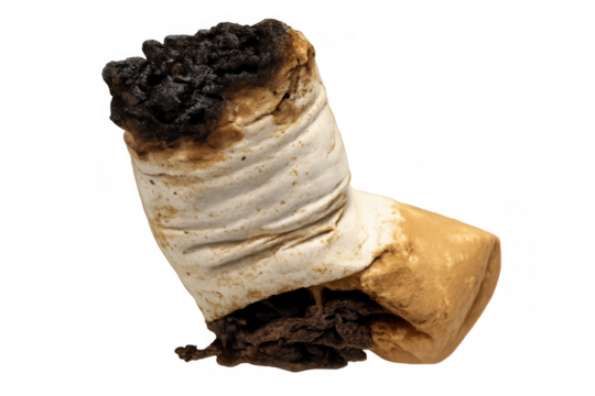 Used cigarette butt with a burned tip, symbolizing tobacco addiction, unhealthy habits, and environmental waste, on transparent background