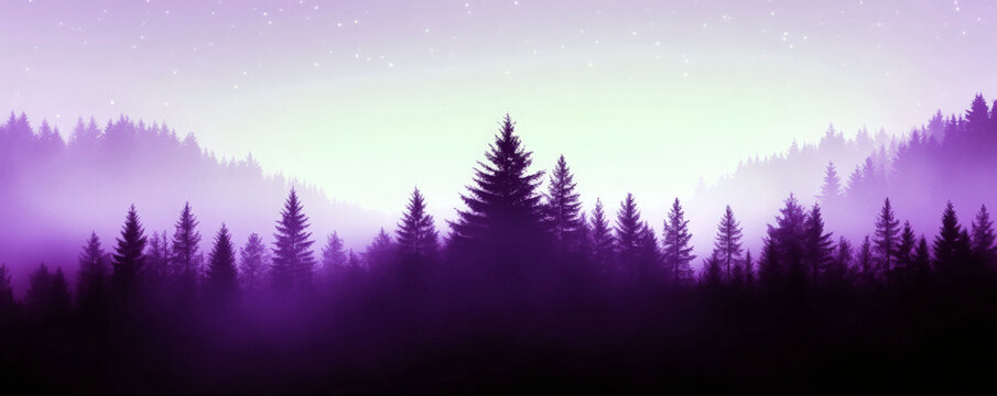 misty forest with tall evergreen trees and birds flying. Mysterious winter or fall landscape background. Nature concept. - Powered by Adobe