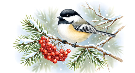 Winter Songbird on Branch: A charming songbird perches gracefully on a snow-dusted branch, adorned with vibrant red berries, against a backdrop of delicate pine needles and snowflakes.