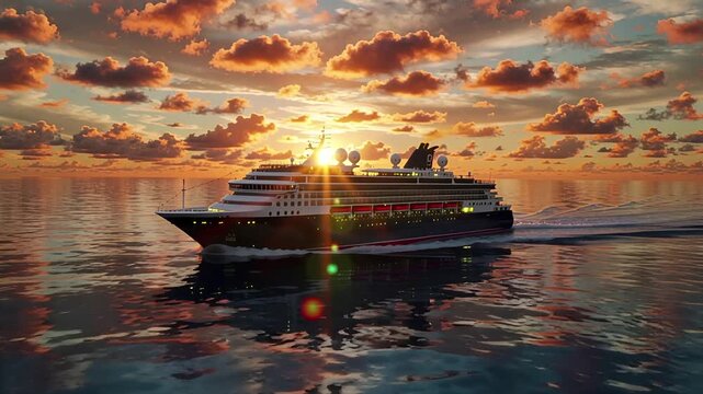 luxury cruise ship sailing serenely at vibrant sunset over calm ocean | travel, relaxation, luxury, scenery, adventure theme