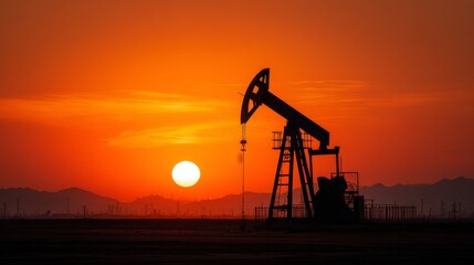 Silhouette of a pumpjack against a vibrant, fiery sunset, hills in the background, signifying fossil fuel extraction