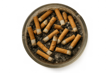 Ashtray full of cigarette butts and ash representing smoking addiction, public health issues, and quitting tobacco