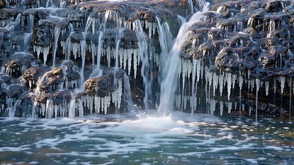 icy waterfall closeup: frozen cascade and shimmering icicles in winter | winter, landscape, nature, beauty, serenity theme - Powered by Adobe