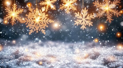 Sparkling golden snowflakes shimmer against a magical winter night sky, creating a festive and enchanting holiday atmosphere perfect for seasonal celebrations.