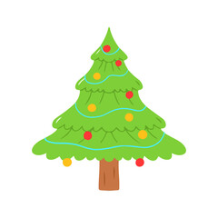 Cheerful Christmas Tree Illustration with Blue Strings and Colorful Ornaments