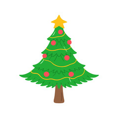 Wide Christmas Tree Illustration with Star Topper and Red Ornaments