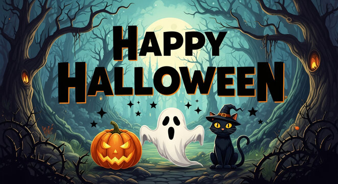 Spooky cartoon halloween night vector illustration with happy pumpkin faces, bats, moon, and dark orange autumn trees for a scary October party celebration card