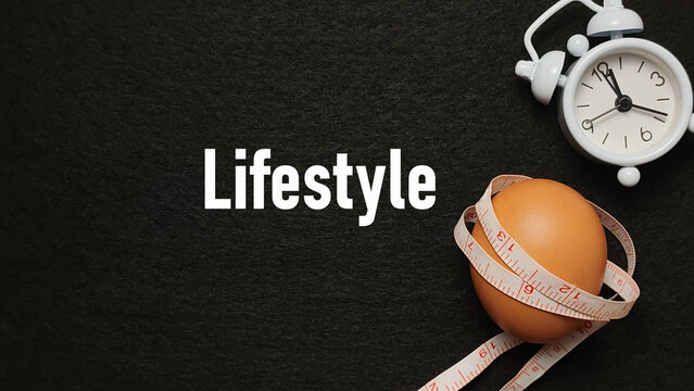 Healthy Lifestyle Concept with Egg, Measuring Tape, and Clock on Black Background for Diet, Fitness, and Wellness - Powered by Adobe