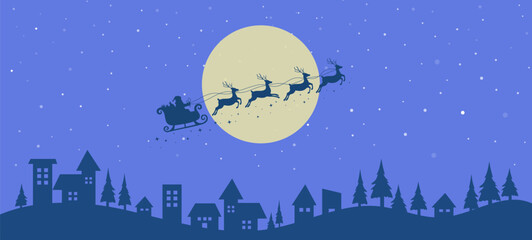 Santa Claus ride sleigh with flying reindeer in sky above the houses and fir trees. winter village. Christmas background. Vector illustration