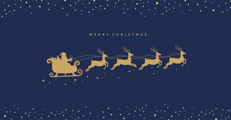 Santa Claus ride sleigh with flying reindeer. Sparkles, stars decorative element. Santa Sleigh Silhouette. Merry christmas banner. Vector illustration