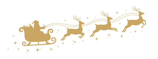 Santa Claus ride sleigh with flying reindeer. Sparkles, stars decorative element. Santa Sleigh Silhouette. Merry christmas banner. Vector illustration