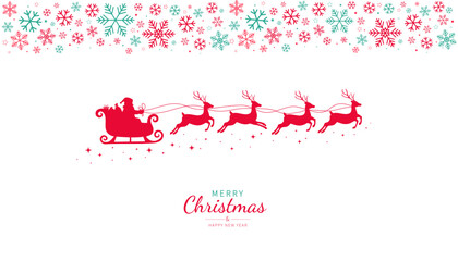 Santa Claus ride sleigh with flying reindeer. Sparkles, stars decorative element. Santa Sleigh Silhouette. Merry christmas banner. Vector illustration