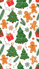 Cheerful repeat pattern with Christmas trees, gingerbread men, presents, and snowflakes