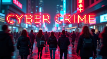 A group of people walking through a neon-lit cityscape, the words 'CYBER CRIME' glowing prominently overhead.