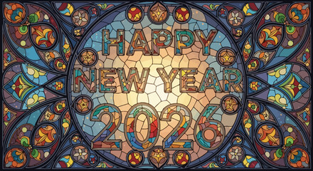 Happy New Year 2026 stained glass window design festive decorative element for holiday greeting cards and banners