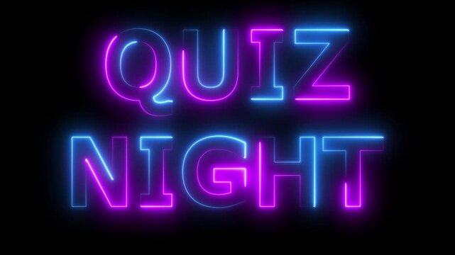 Quiz night text icon animation neon glowing blue and pink color text letter banner poster signboard template font lettering effect sign symbol on black background