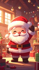 Cheerful Santa Claus character standing in workshop, surrounded by gifts and Christmas decorations