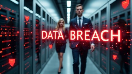 A serious portrayal of a male professional in a suit and a female professional in formal attire, emphasizing 'DATA BREACH' in a secure server room.