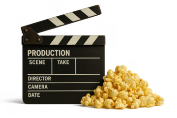 Clapperboard and popcorn symbolizing film production, movie watching, entertainment, and cinema experience on transparent background