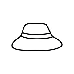 A black and white line drawing of a sun hat The hat has a wide brim and a band around the crown