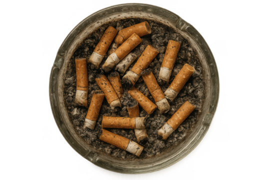 Ashtray full of cigarette butts and ash representing smoking addiction, unhealthy habits, and tobacco use with a transparent background