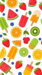 Cheerful seamless pattern of various fruits and popsicles on a white background