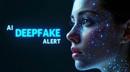 Close-up of a young woman with a starry face, highlighting AI deepfake technology with a blue neon glow.