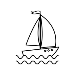 A black and white outline drawing of a sailboat with its mast and flag The boat floats on wavy lines