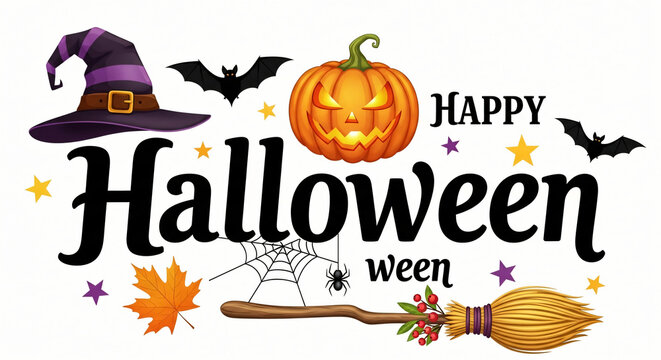 Happy Halloween card vector illustration with cartoon pumpkin jack-o'-lantern and spooky bats on an autumn night design - Powered by Adobe