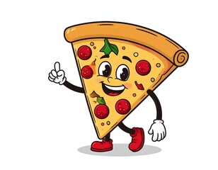 Cheerful slice of pizza with face, arms, legs, pointing a finger, isolated on white