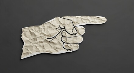 Crumpled paper hand pointing to the right on a dark background